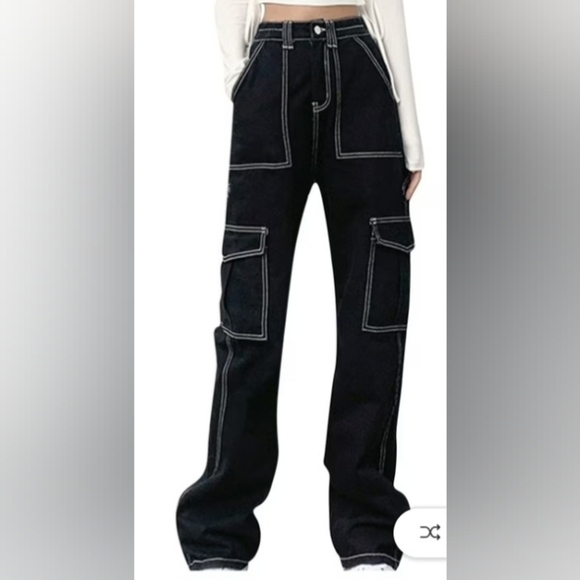No Label Denim - Black Cargo Jeans High Waist Wide Straight Leg Trousers